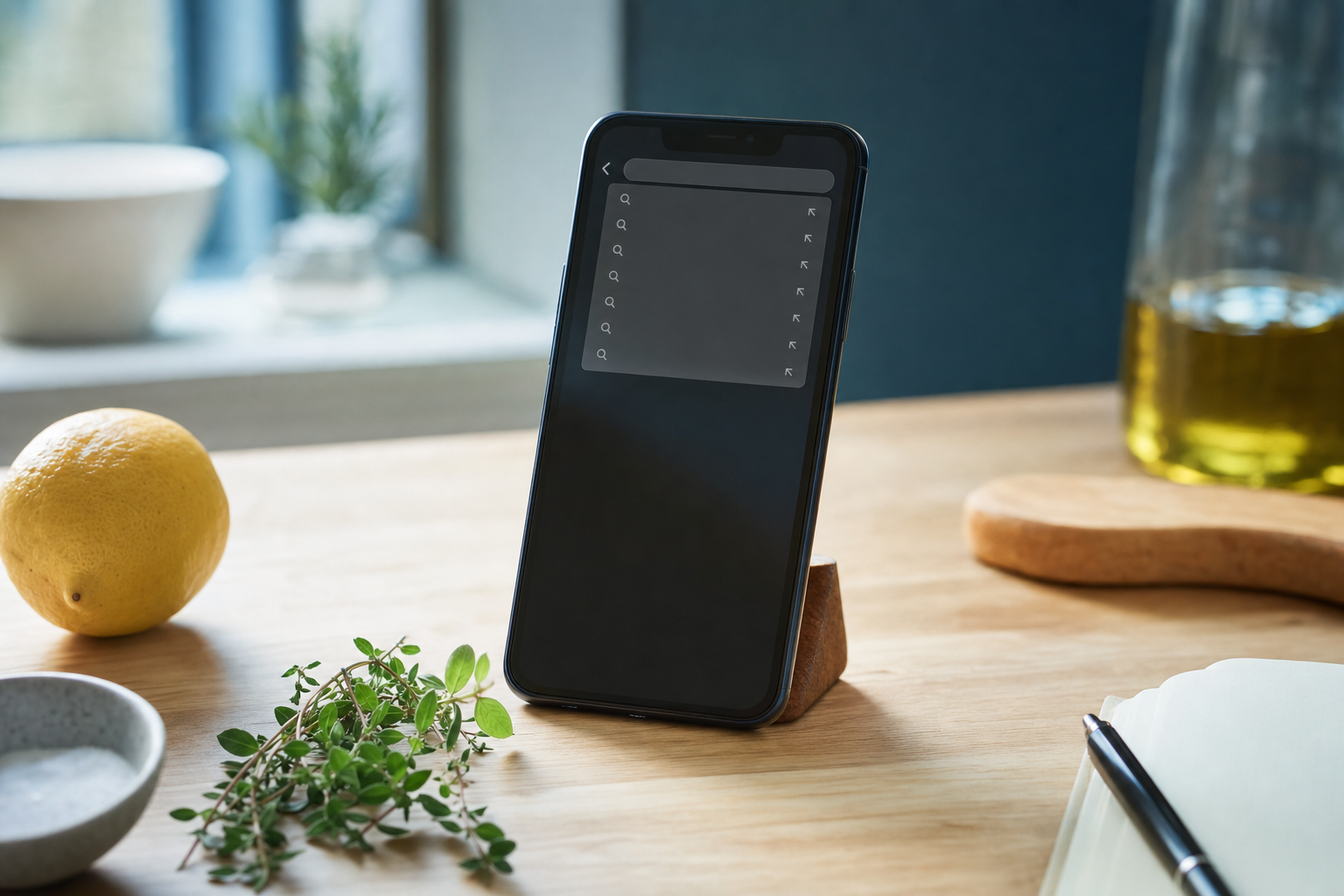 A smartphone showing a TikTok-style search bar with autocomplete suggestions, resting on a kitchen counter beside ingredients