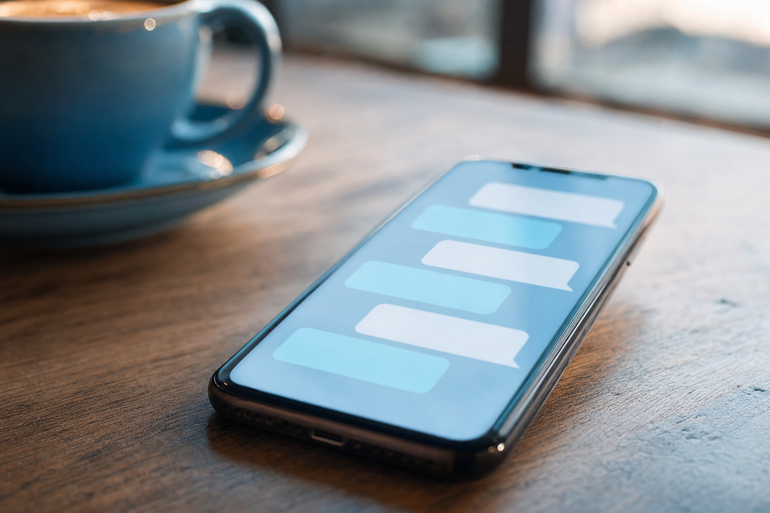 A smartphone on a wooden table showing an open messaging inbox with several active conversation threads