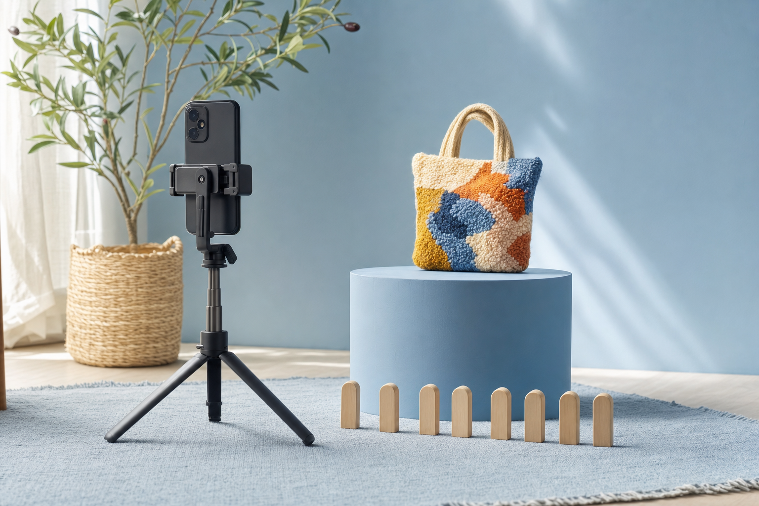 Smartphone filming a product beside seven neatly arranged wooden markers representing a daily TikTok posting rhythm
