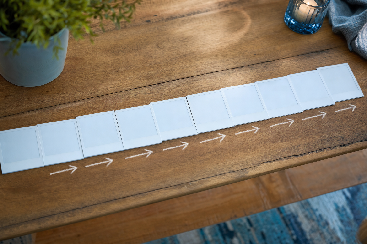 Ten square printed photo prints arranged left to right on a table, connected by drawn arrows showing a swipe sequence