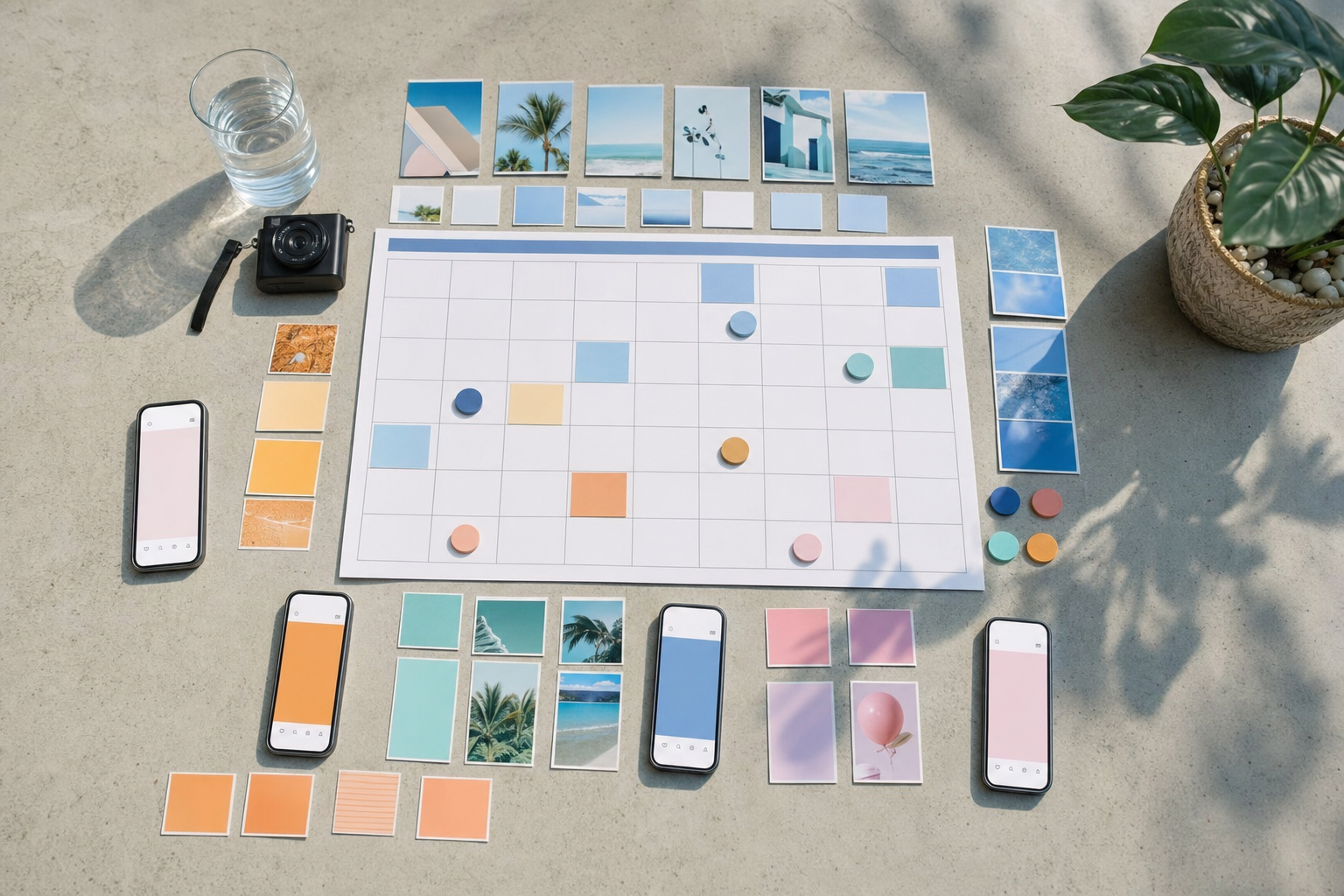 Color-coded social media content cards organized by brand and channel on a single wall calendar
