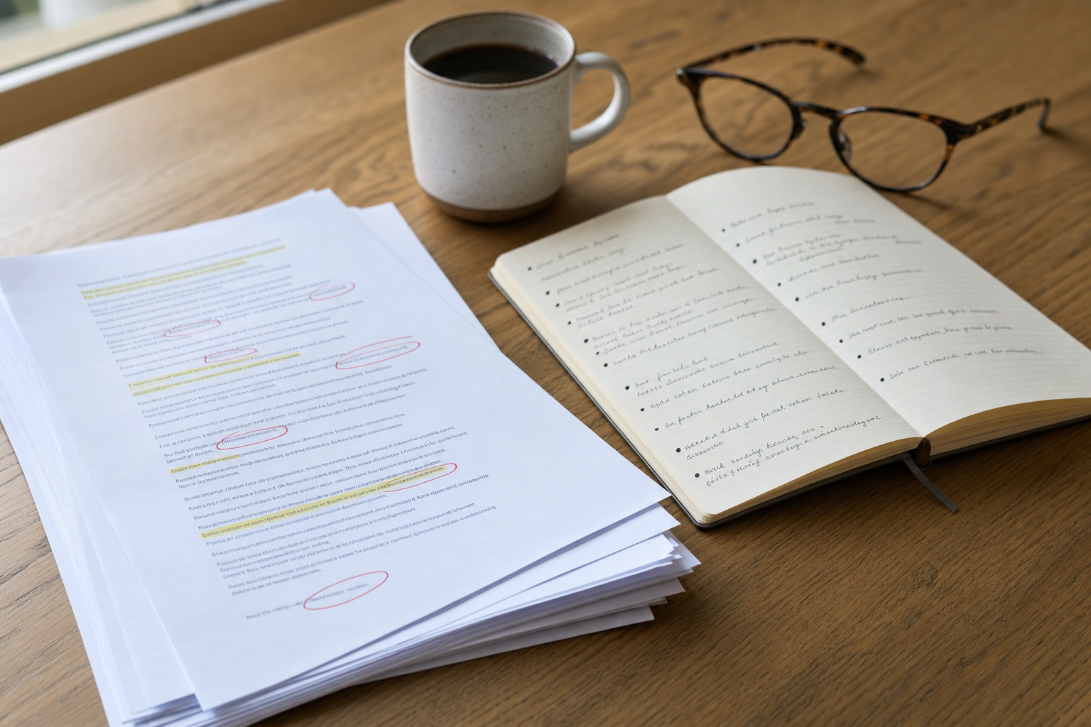 A printed stack of social media posts marked up with a red pen, beside a handwritten style-guide card