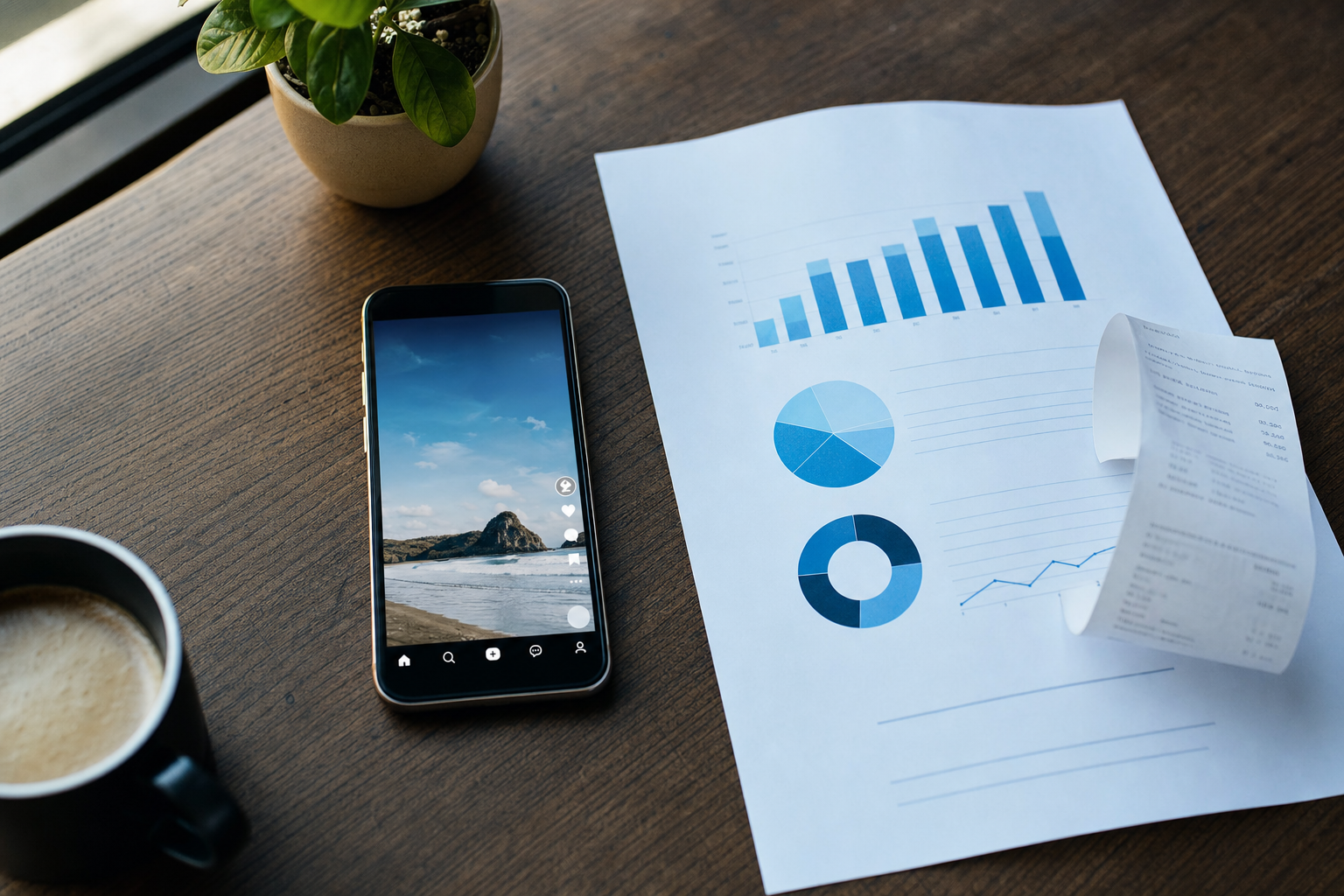A smartphone showing an Instagram Reel beside a printed sales report with revenue figures and a coffee cup on a wooden table