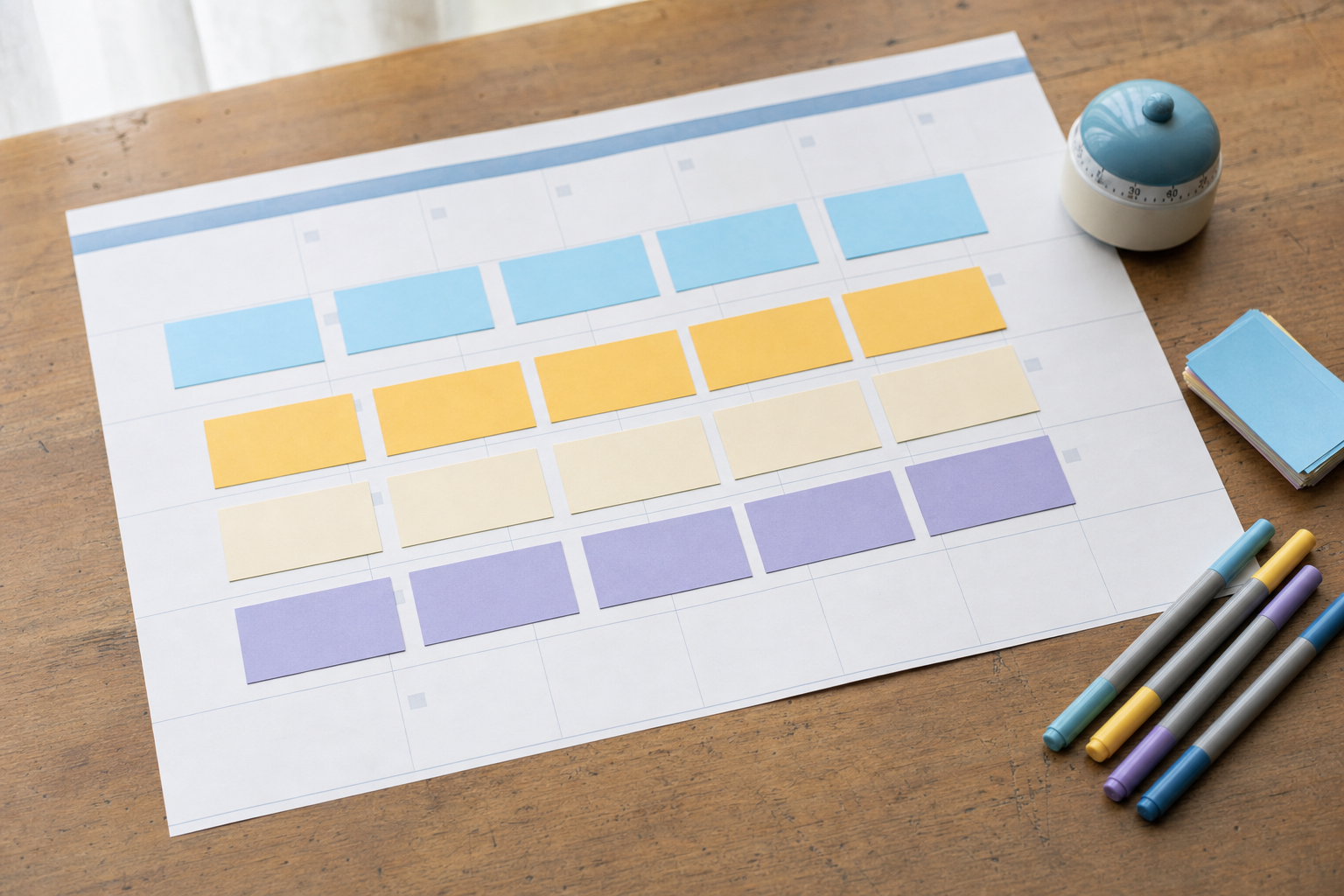 Color-coded content cards arranged by pillar and publishing slot on a large paper calendar