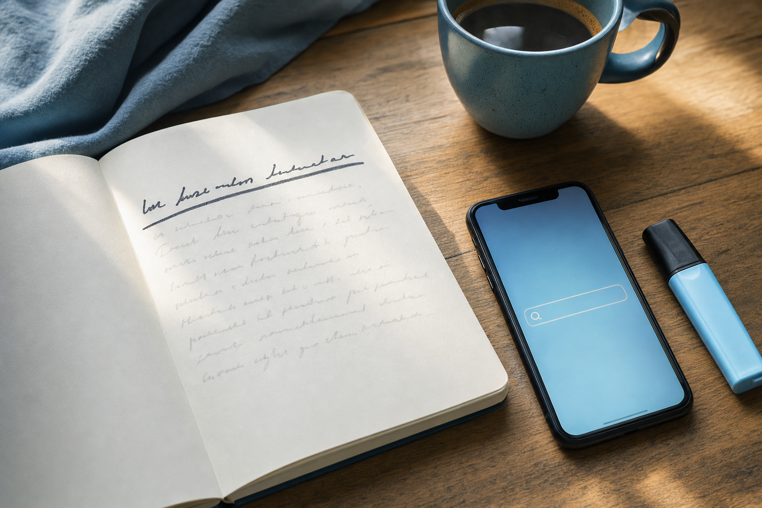 A notebook with a bold underlined first line beside a phone showing an Instagram search bar, illustrating front-loaded caption keywords