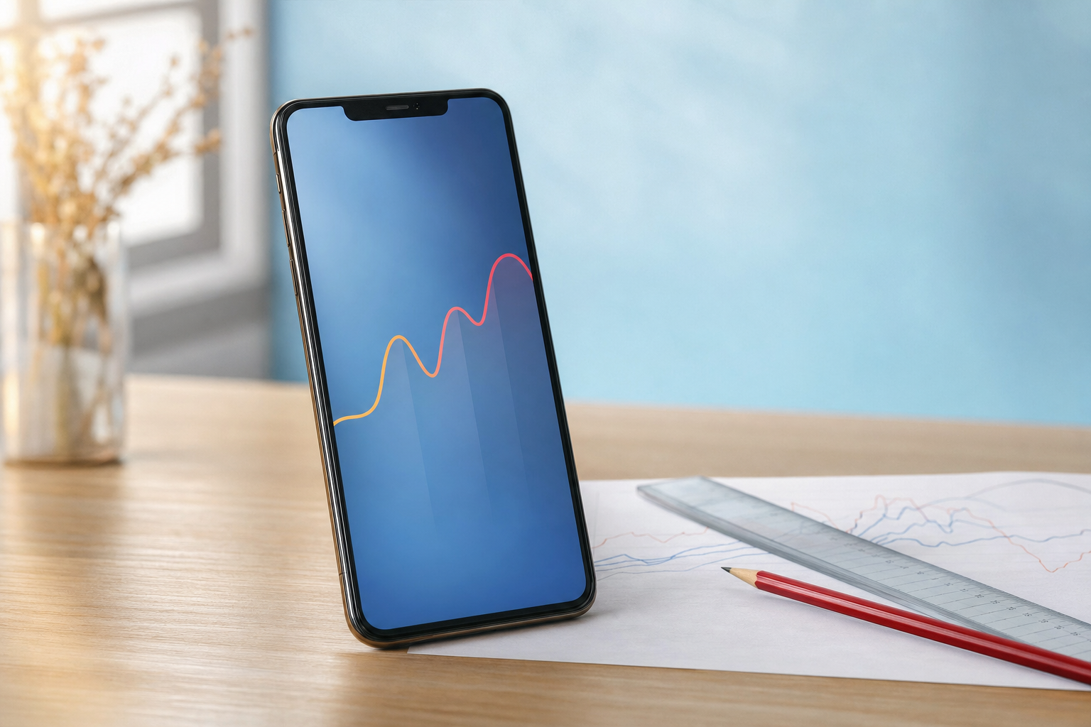 A smartphone propped on a table displaying a rising line graph, with a physical ruler tracing the curve's dips and peaks