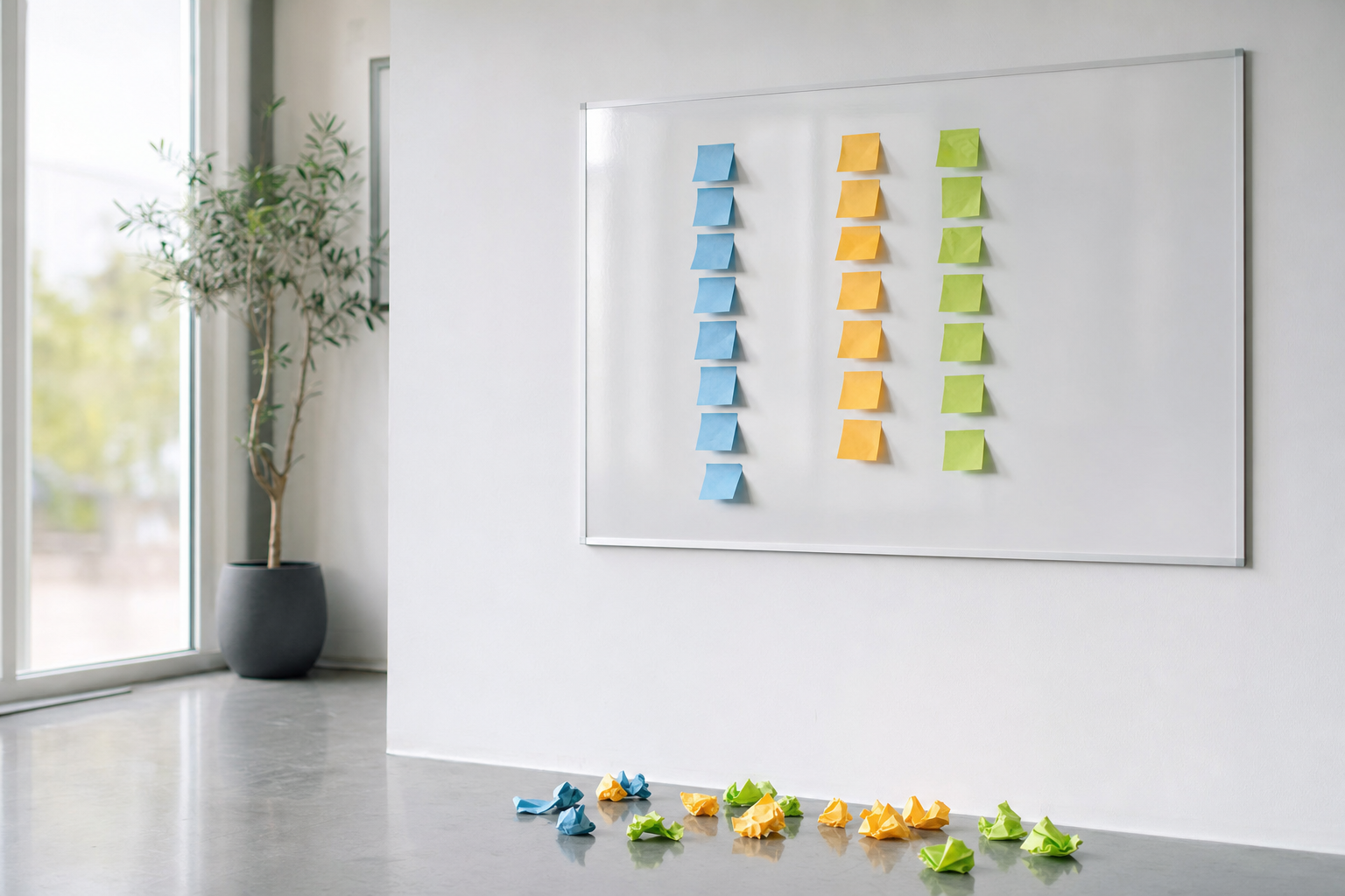 A whiteboard with color-coded sticky notes grouping platform names into tidy columns