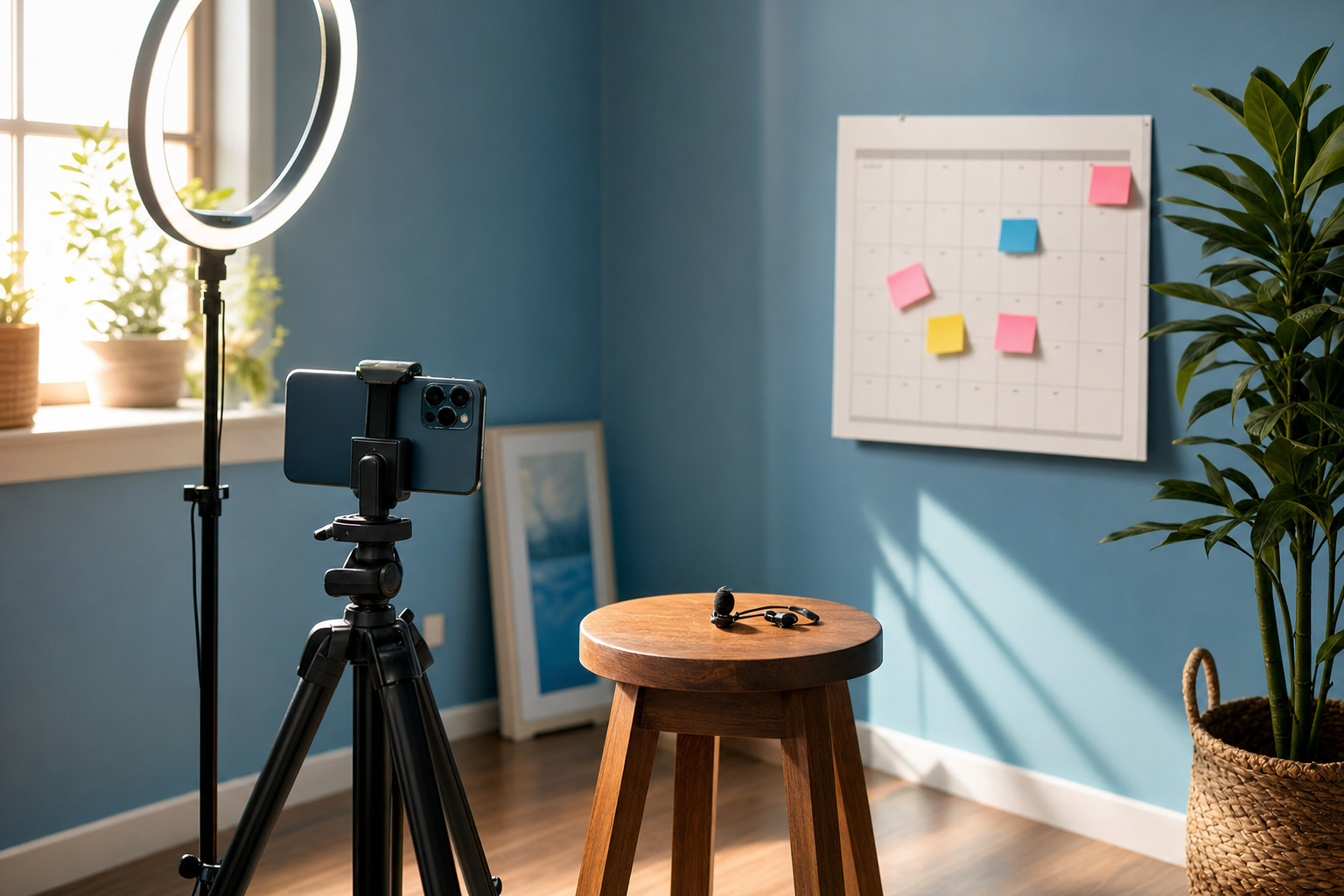 A tripod-mounted phone, ring light, clip mic, and a sticky-note-covered monthly calendar in a home filming setup
