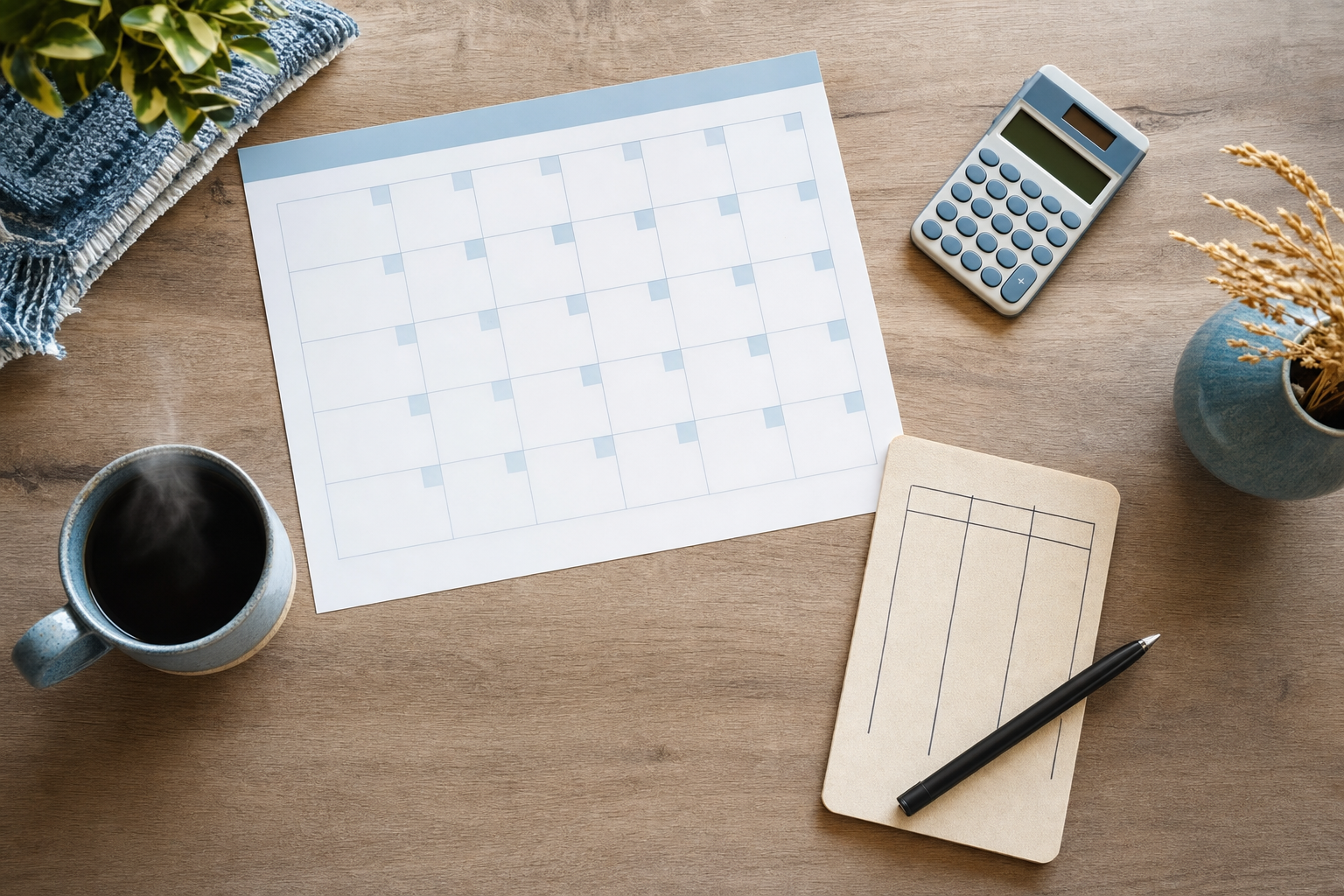 A printed monthly calendar page with a coffee cup, calculator, and a simple handwritten tracking sheet on a wooden table