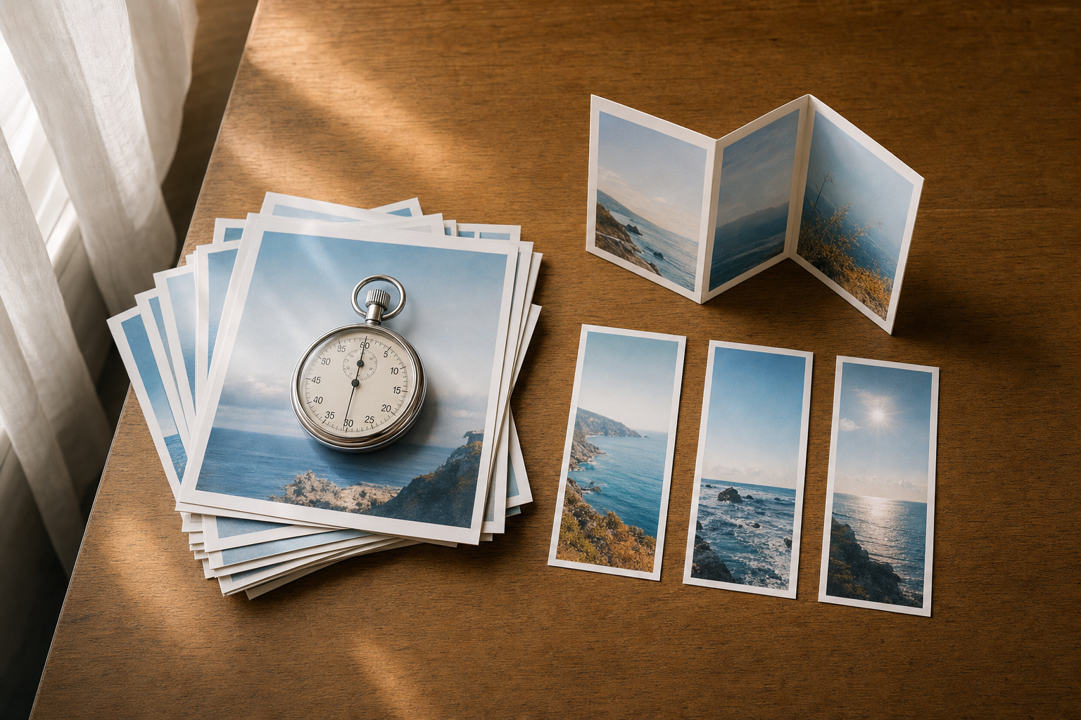A stopwatch resting on a stack of printed social posts in multiple formats spread across a table