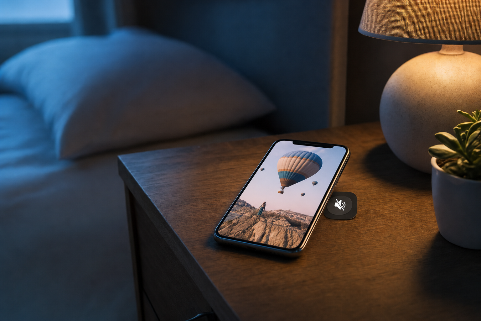 A smartphone on a bedside table at night playing a vertical video with large on-screen caption text, sound muted