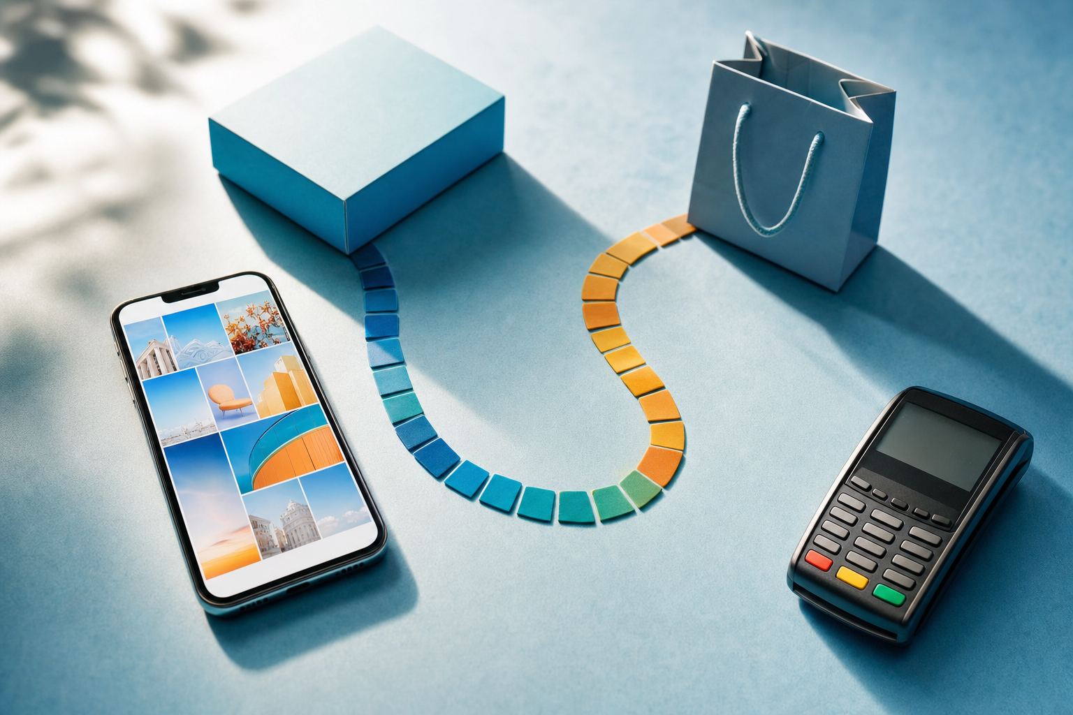 A smartphone connected by a trail of colored tiles to a shopping bag and card reader, representing a multi-touch social conversion path