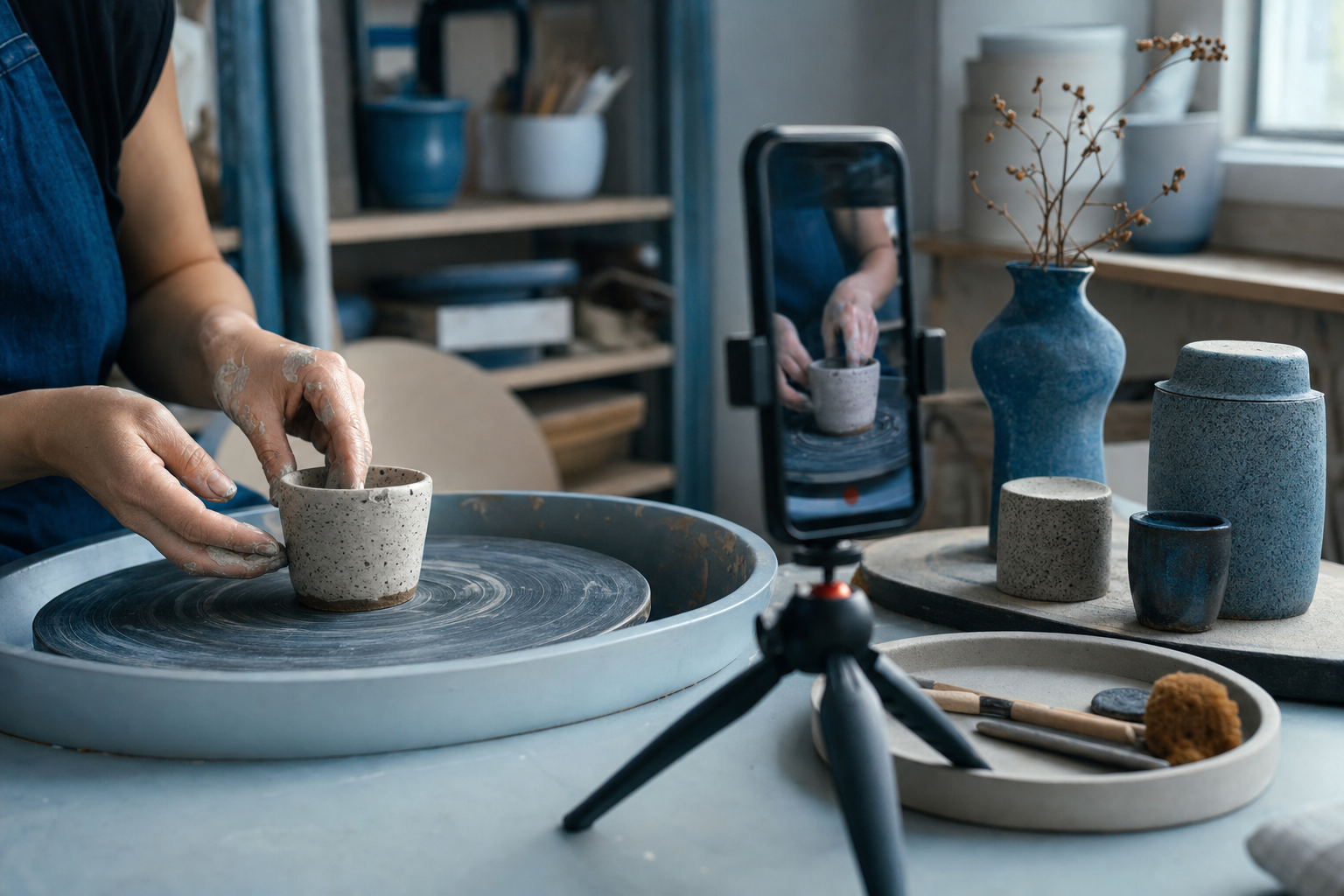 A smartphone recording a close-up pottery-making video in a small ceramics studio