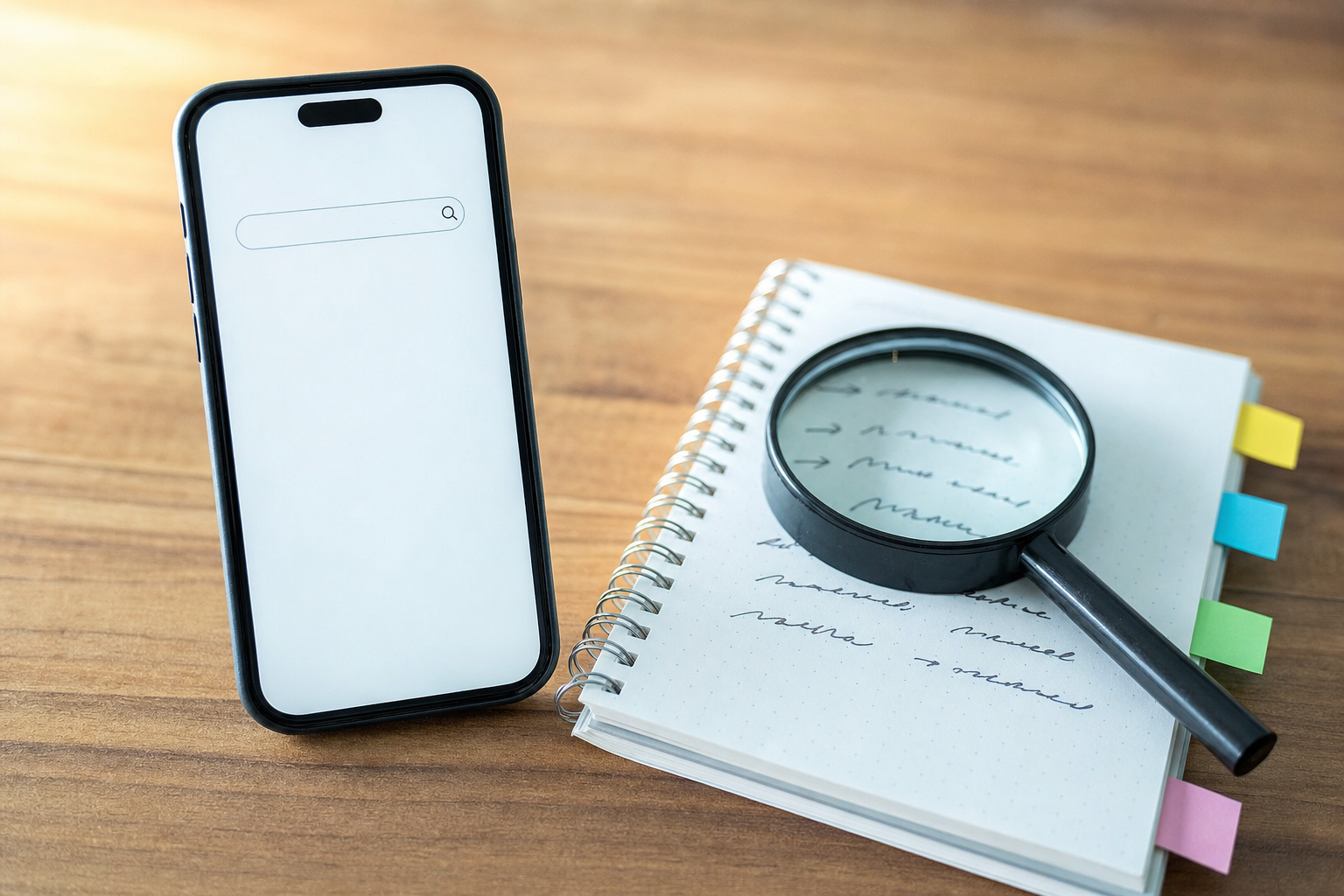 A smartphone showing a magnifying glass over a TikTok-style search bar, surrounded by handwritten keyword notes and sticky tabs