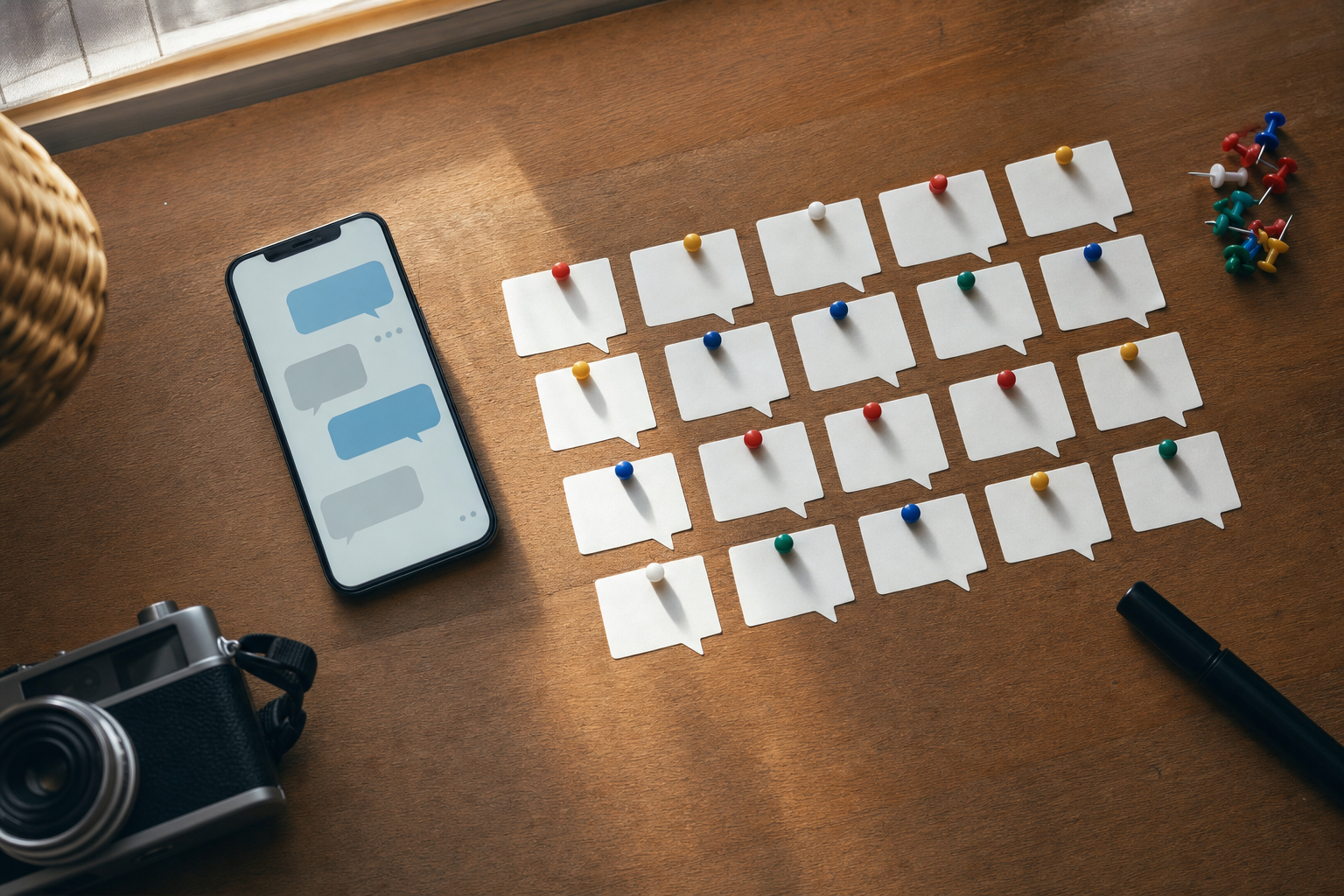 Smartphone surrounded by blank comment cards and calendar tiles representing replies becoming content ideas
