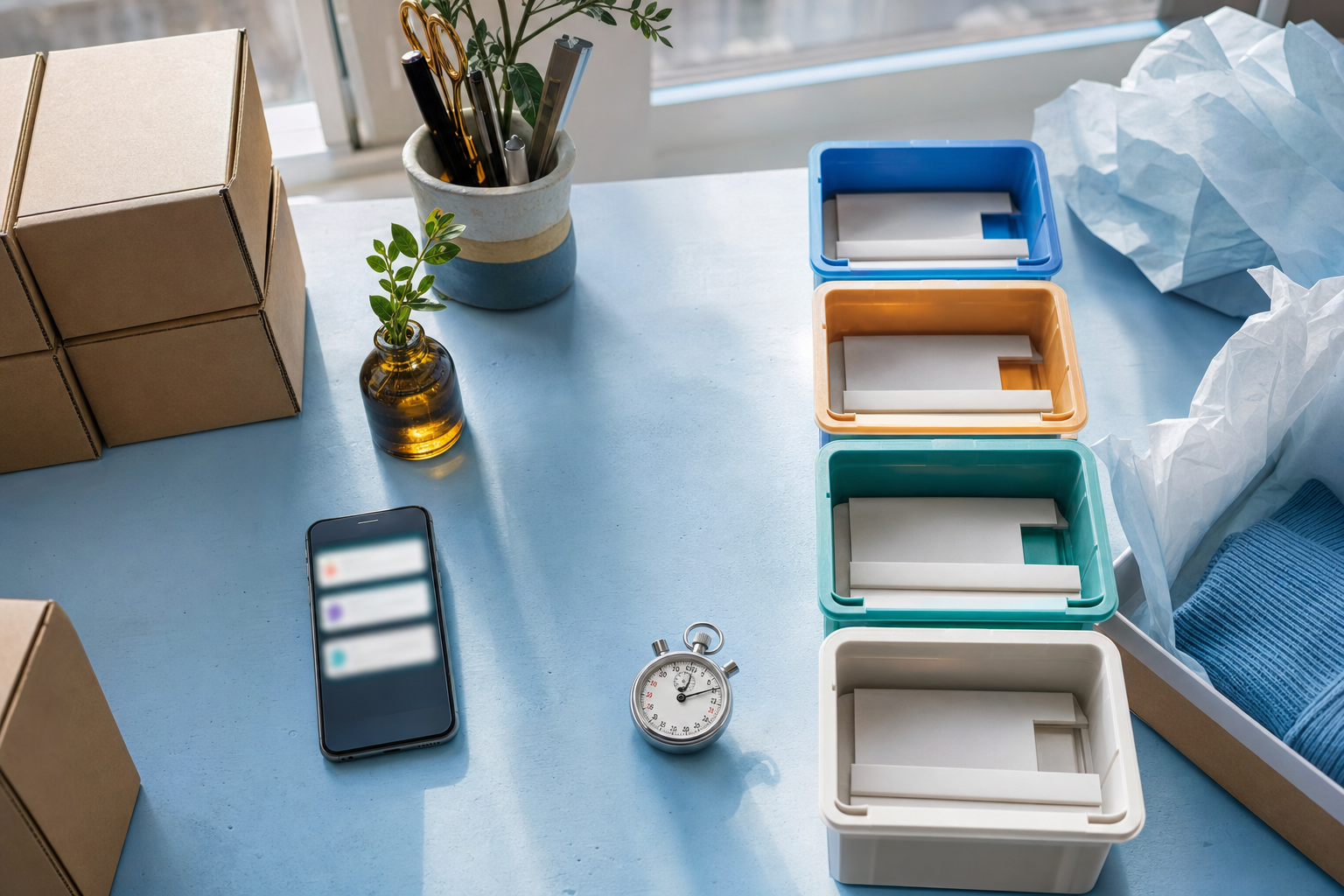 Smartphone, stopwatch, and four colored sorting trays arranged on a small retail packing counter