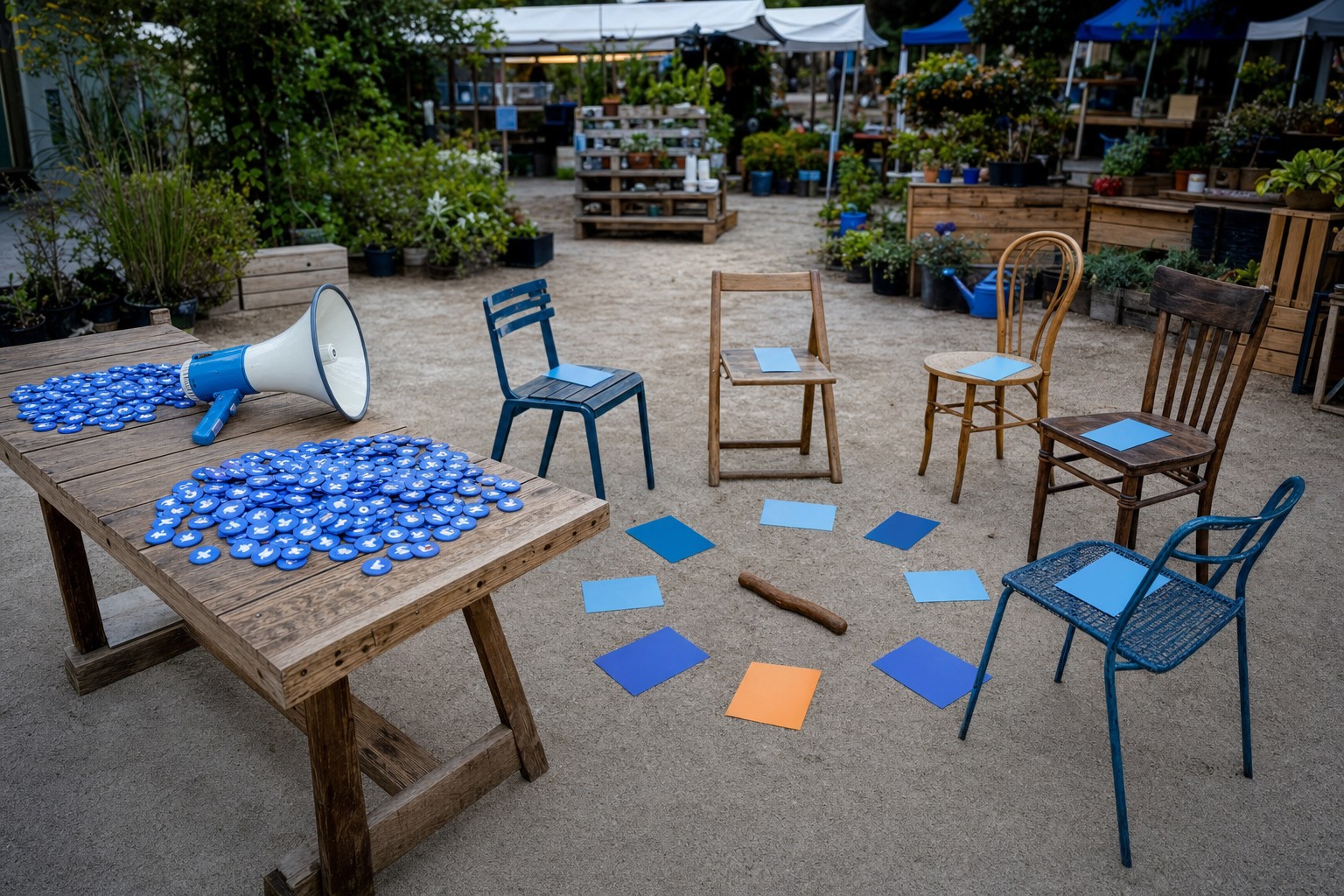 A megaphone surrounded by identical reaction tokens beside a circle of chairs prepared for conversation