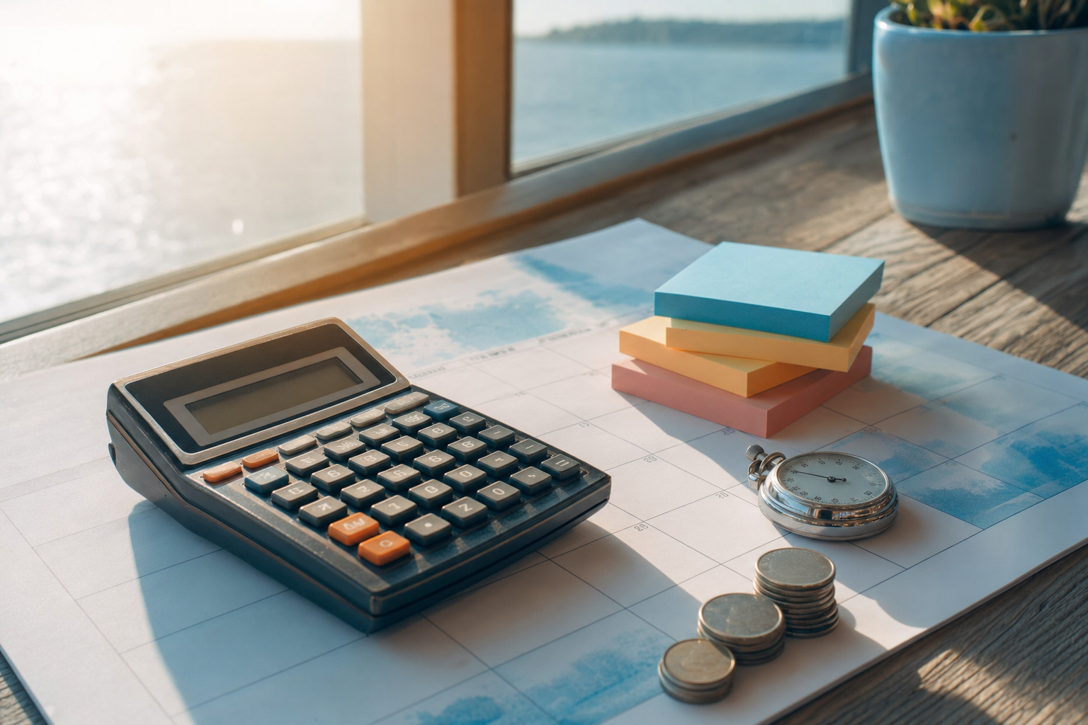 A physical desk calculator and a printed content calendar with sticky notes, lit by warm window light